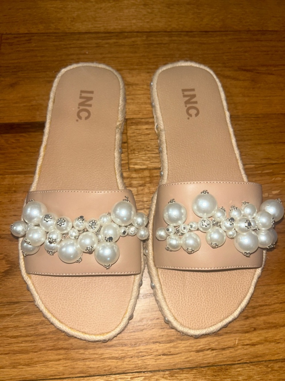INC International Concepts Tan Pearl & Crystal Embellished Slide Sandals NEW